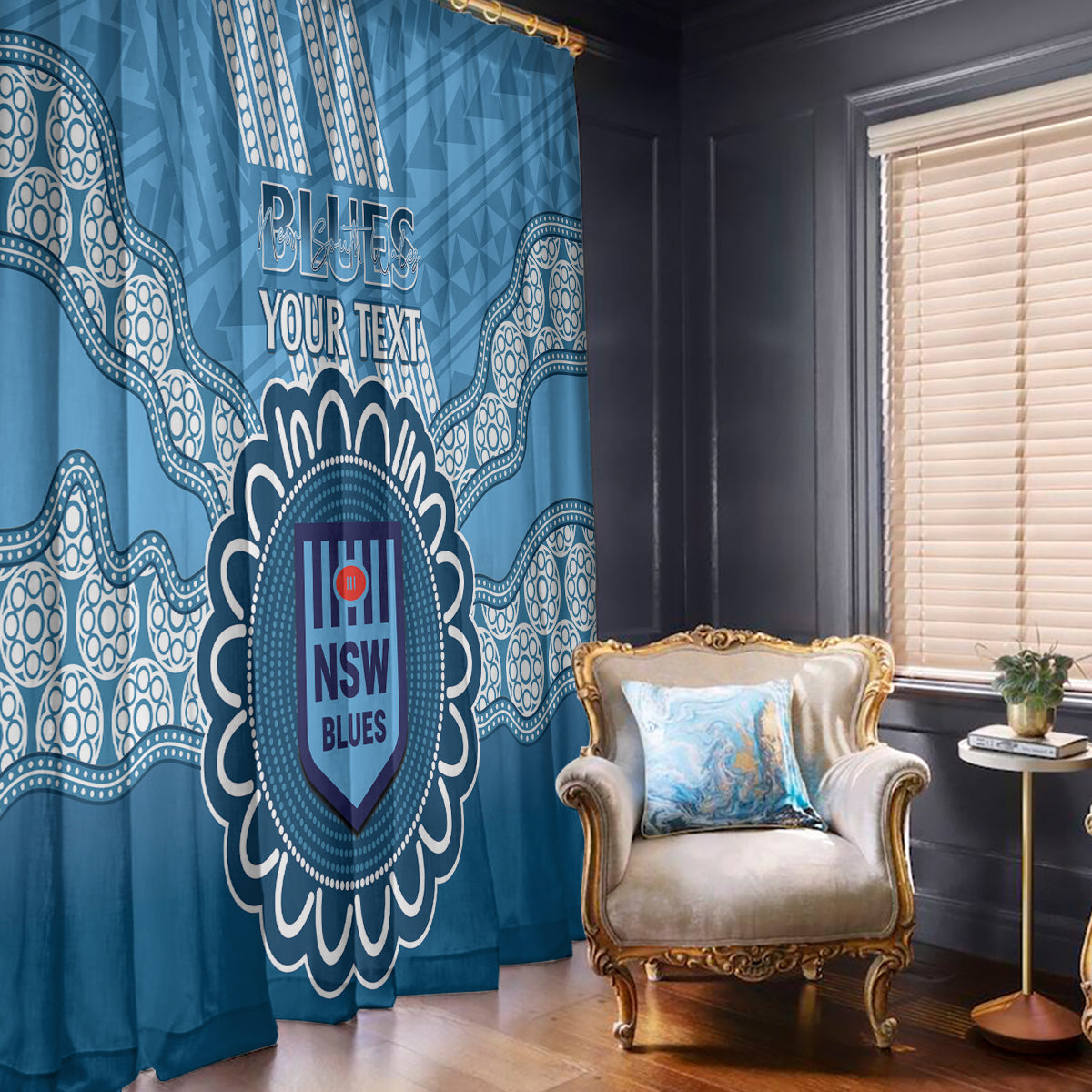 Custom NSW Blues Rugby Window Curtain Aussie Aboriginal Mix Polynesian Pattern