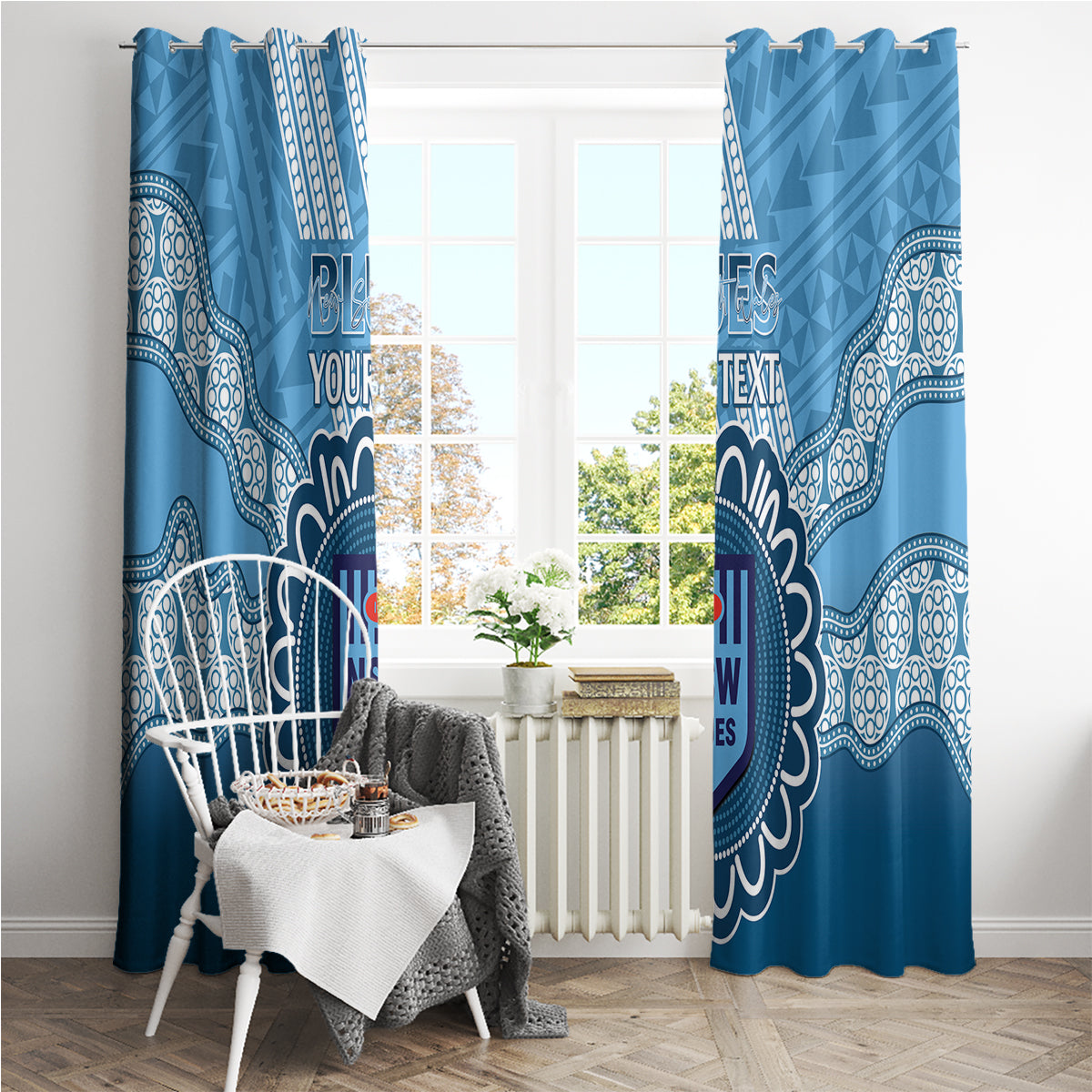 Custom NSW Blues Rugby Window Curtain Aussie Aboriginal Mix Polynesian Pattern