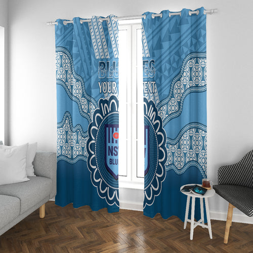 Custom NSW Blues Rugby Window Curtain Aussie Aboriginal Mix Polynesian Pattern