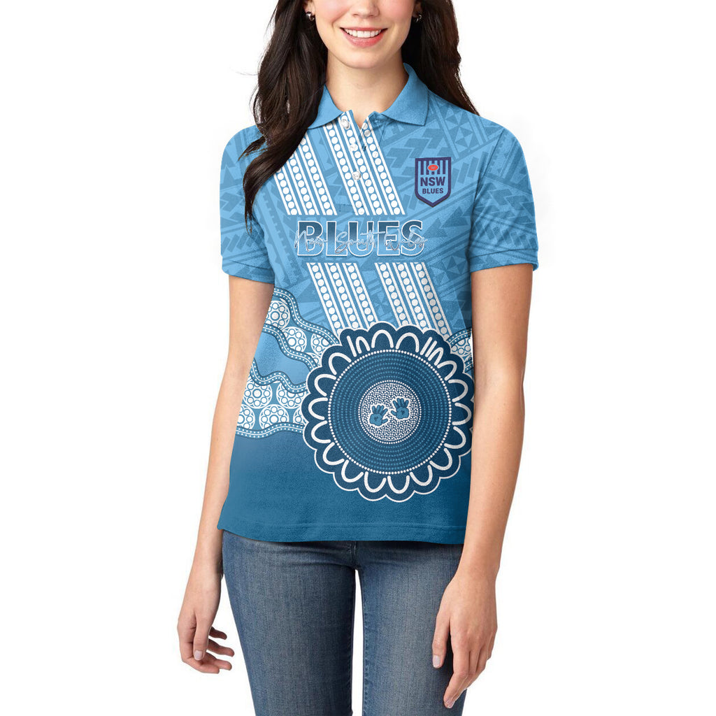 Custom NSW Blues Rugby Women Polo Shirt Aussie Aboriginal Mix Polynesian Pattern