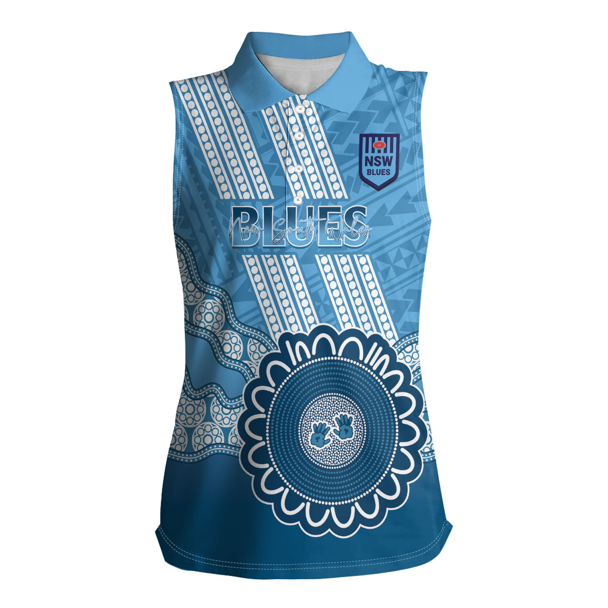 Custom NSW Blues Rugby Women Sleeveless Polo Shirt Aussie Aboriginal Mix Polynesian Pattern