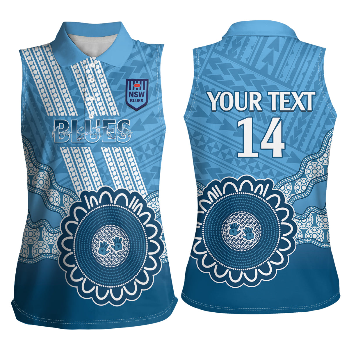 Custom NSW Blues Rugby Women Sleeveless Polo Shirt Aussie Aboriginal Mix Polynesian Pattern