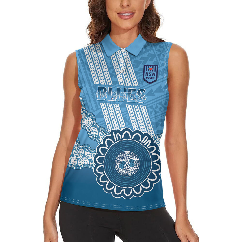 Custom NSW Blues Rugby Women Sleeveless Polo Shirt Aussie Aboriginal Mix Polynesian Pattern