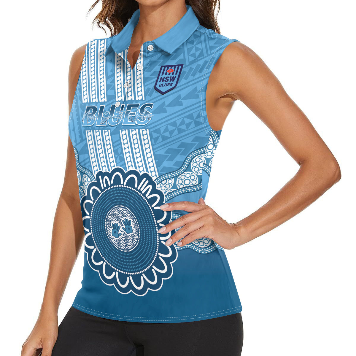 Custom NSW Blues Rugby Women Sleeveless Polo Shirt Aussie Aboriginal Mix Polynesian Pattern