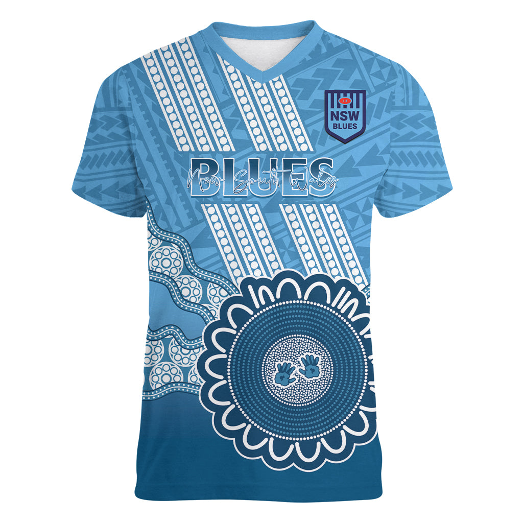 Custom NSW Blues Rugby Women V-Neck T-Shirt Aussie Aboriginal Mix Polynesian Pattern