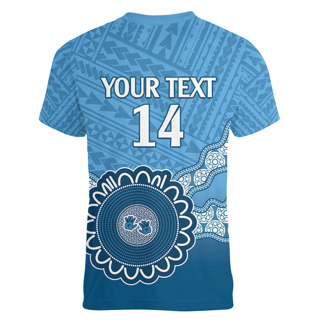 Custom NSW Blues Rugby Women V-Neck T-Shirt Aussie Aboriginal Mix Polynesian Pattern