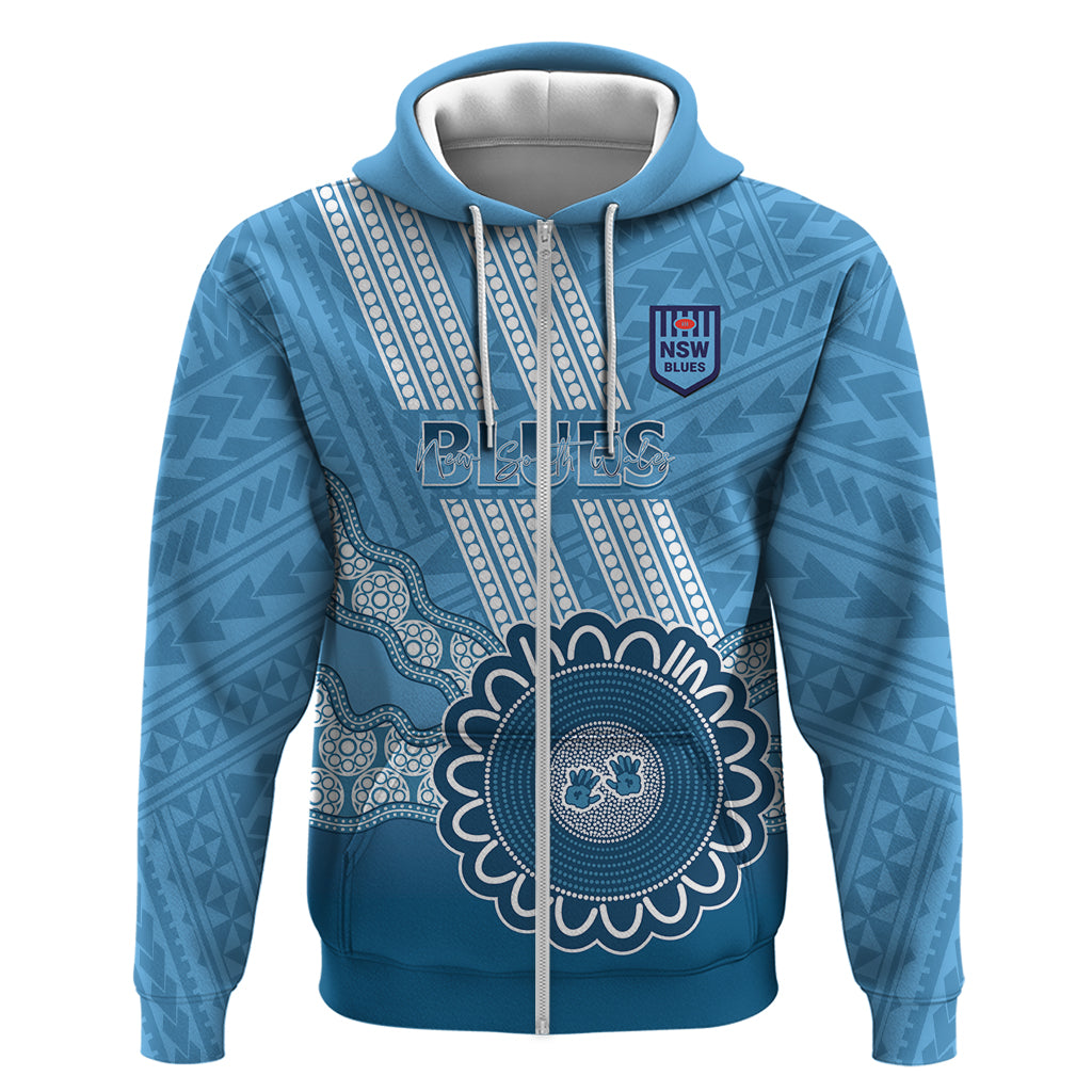 Custom NSW Blues Rugby Zip Hoodie Aussie Aboriginal Mix Polynesian Pattern