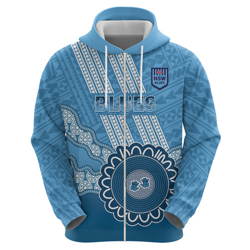 Custom NSW Blues Rugby Zip Hoodie Aussie Aboriginal Mix Polynesian Pattern