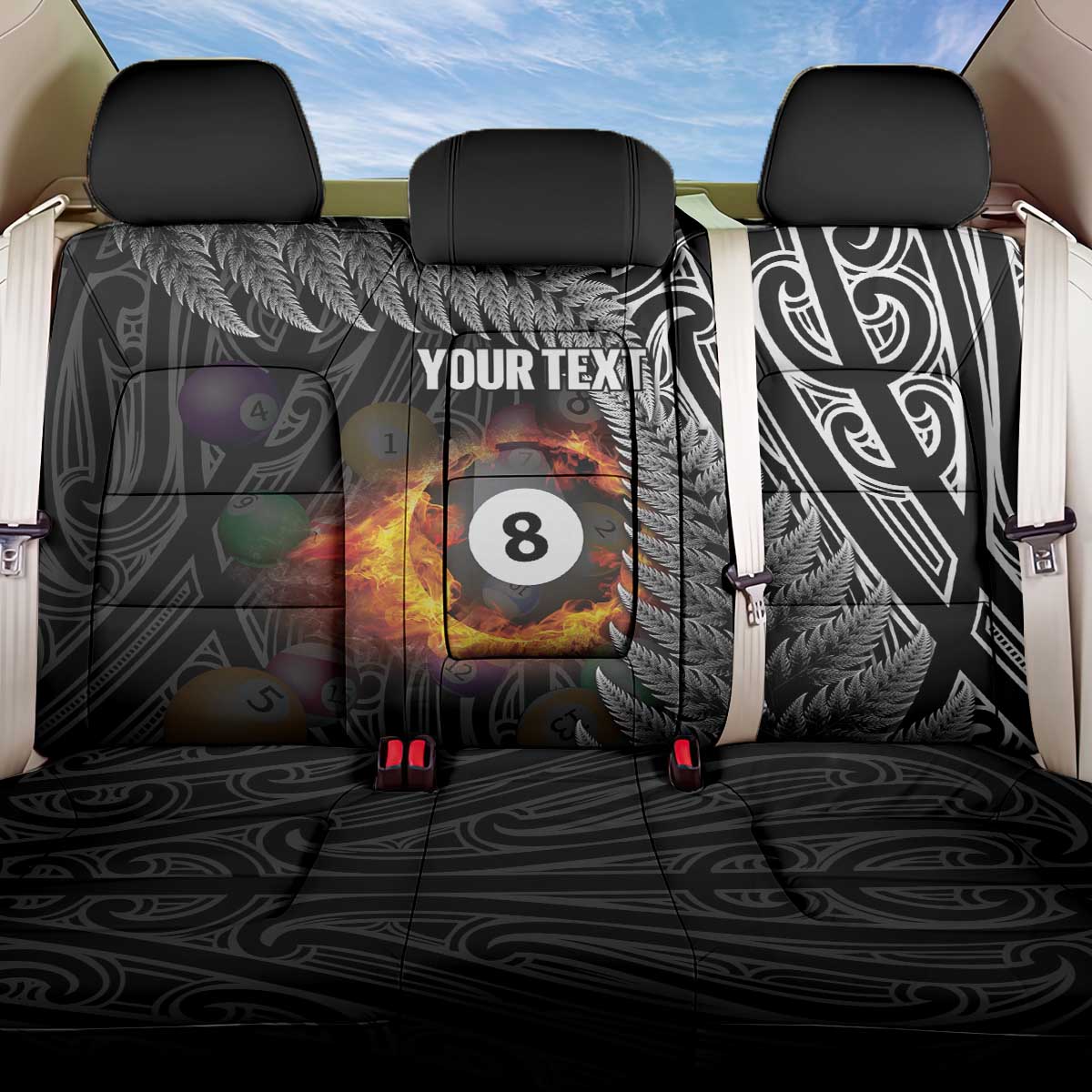 Personalised New Zealand Billiards Back Car Seat Cover Maori Fern On Fire 8 Ball - Aussie Hoodie