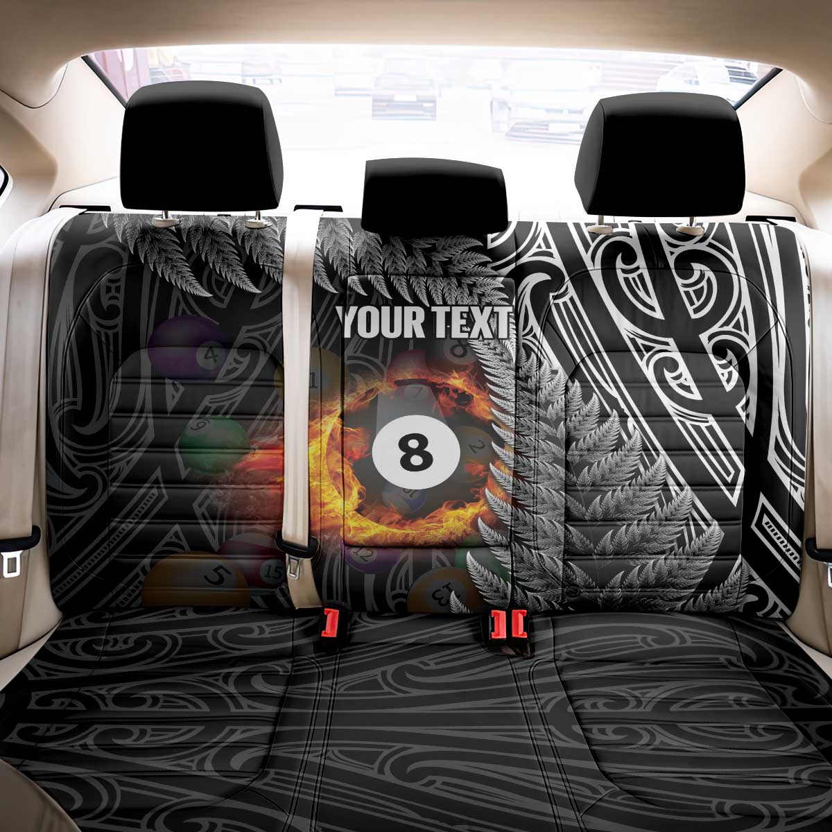 Personalised New Zealand Billiards Back Car Seat Cover Maori Fern On Fire 8 Ball - Aussie Hoodie