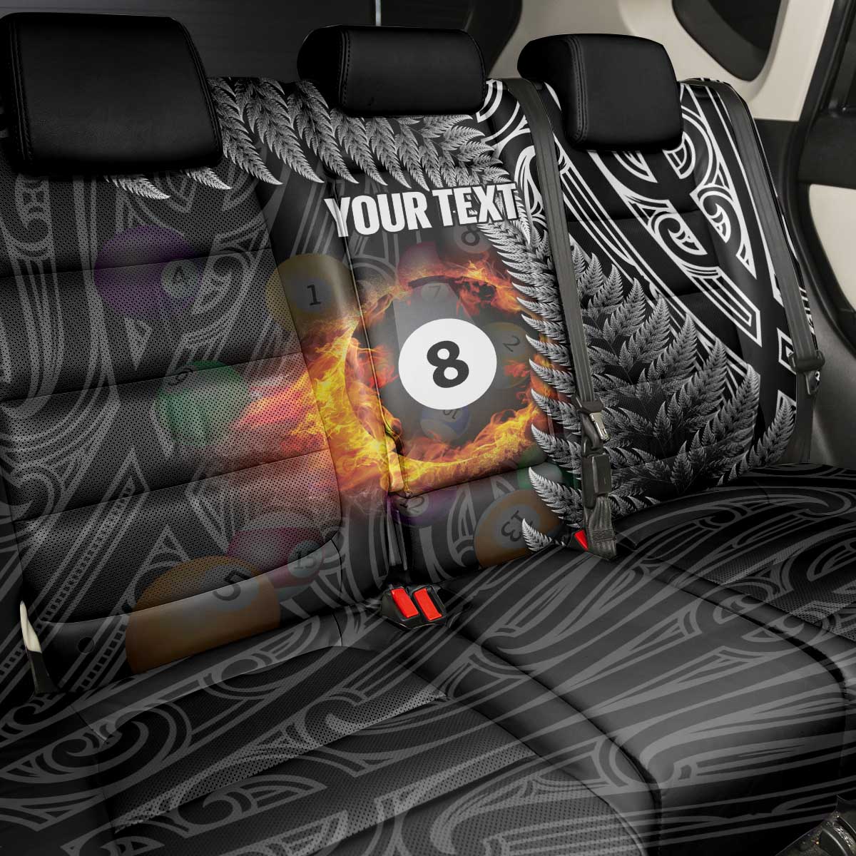 Personalised New Zealand Billiards Back Car Seat Cover Maori Fern On Fire 8 Ball - Aussie Hoodie
