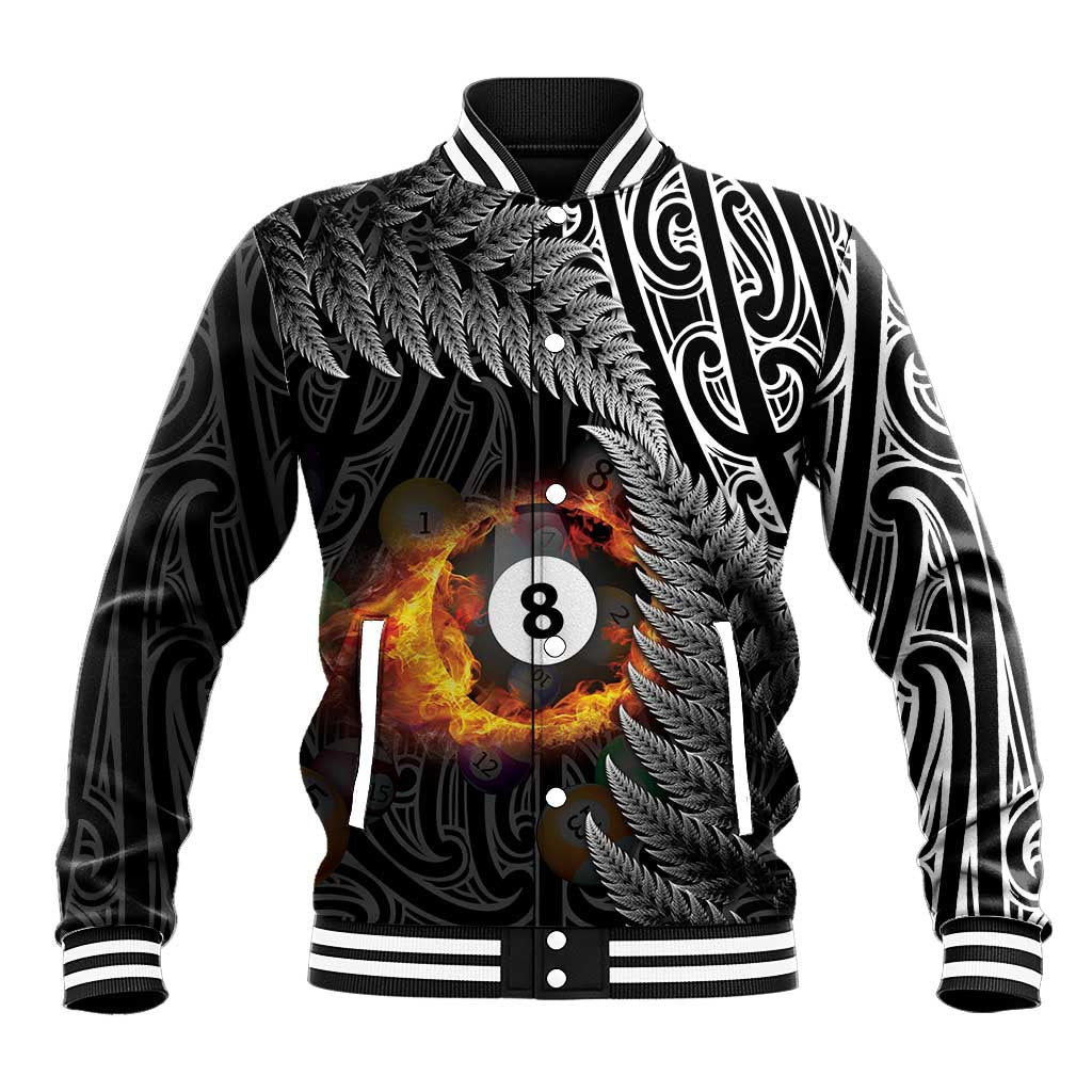 Personalised New Zealand Billiards Baseball Jacket Maori Fern On Fire 8 Ball - Aussie Hoodie