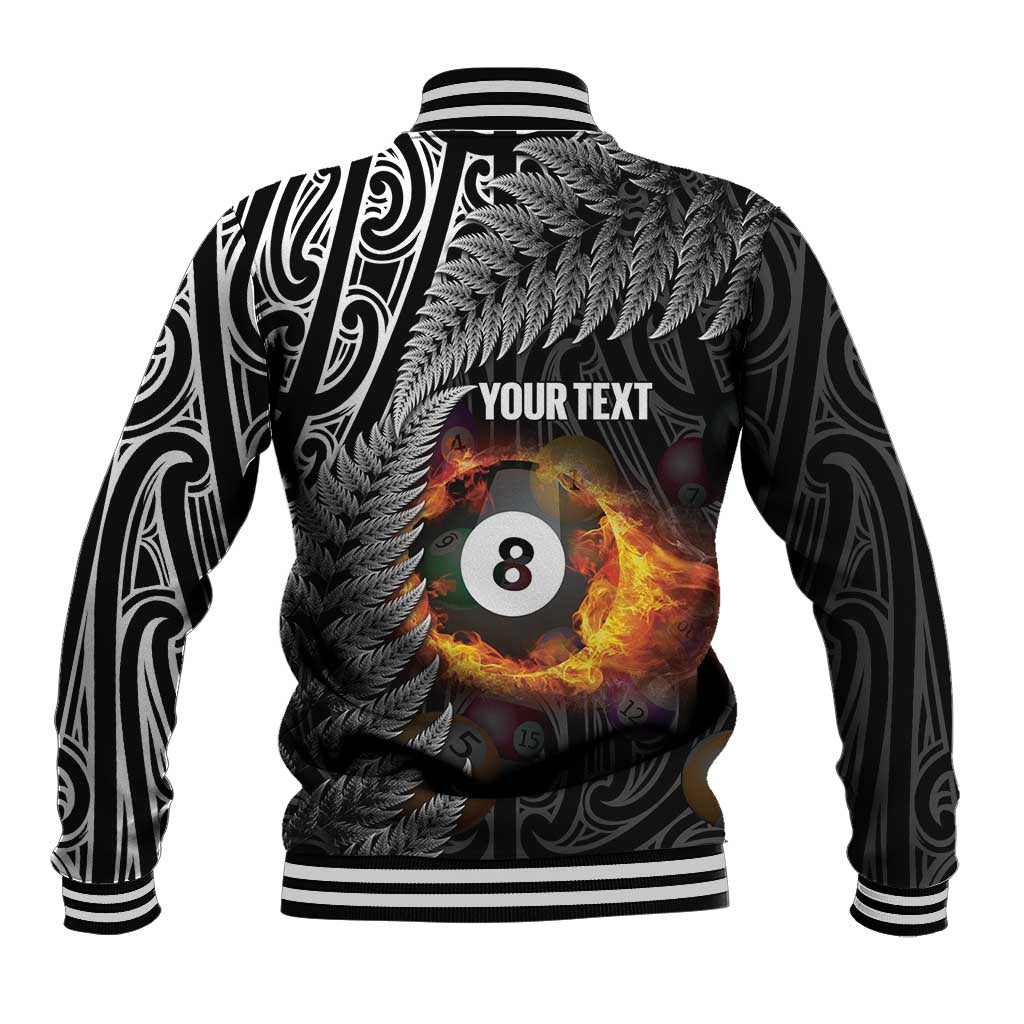 Personalised New Zealand Billiards Baseball Jacket Maori Fern On Fire 8 Ball - Aussie Hoodie