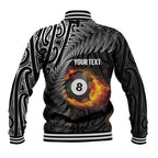 Personalised New Zealand Billiards Baseball Jacket Maori Fern On Fire 8 Ball - Aussie Hoodie
