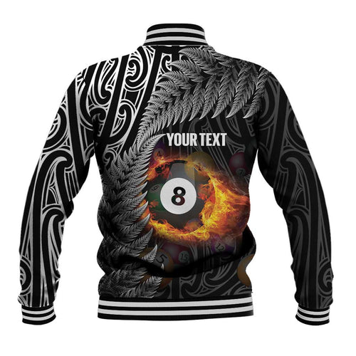 Personalised New Zealand Billiards Baseball Jacket Maori Fern On Fire 8 Ball - Aussie Hoodie