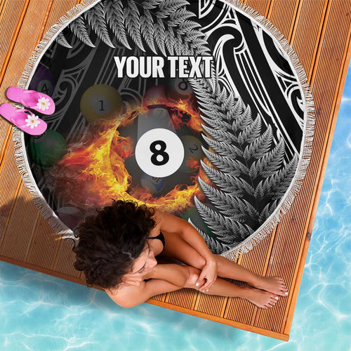 Personalised New Zealand Billiards Beach Blanket Maori Fern On Fire 8 Ball - Aussie Hoodie