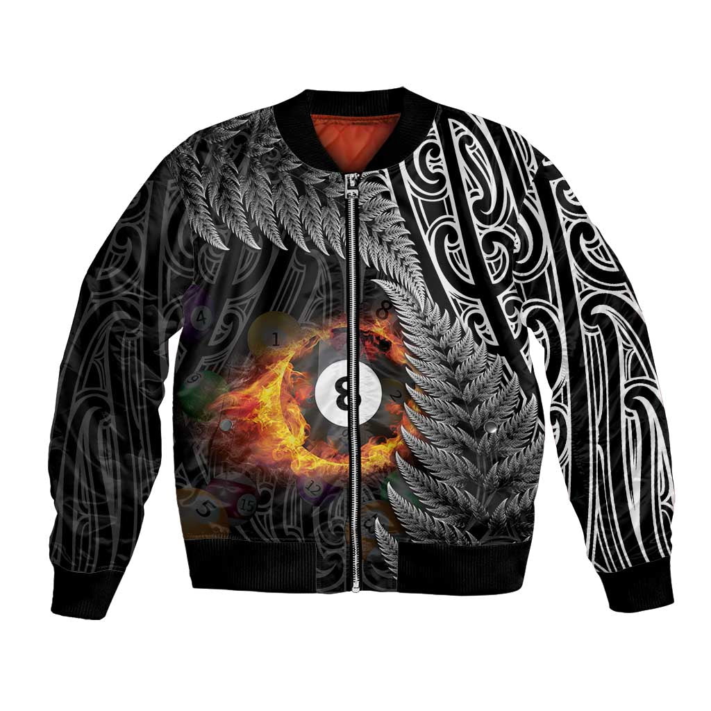 Personalised New Zealand Billiards Bomber Jacket Maori Fern On Fire 8 Ball - Aussie Hoodie
