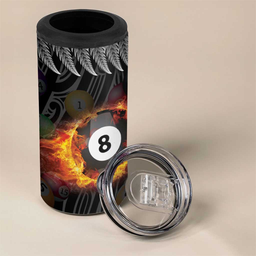 Personalised New Zealand Billiards 4 in 1 Can Cooler Tumbler Maori Fern On Fire 8 Ball - Aussie Hoodie