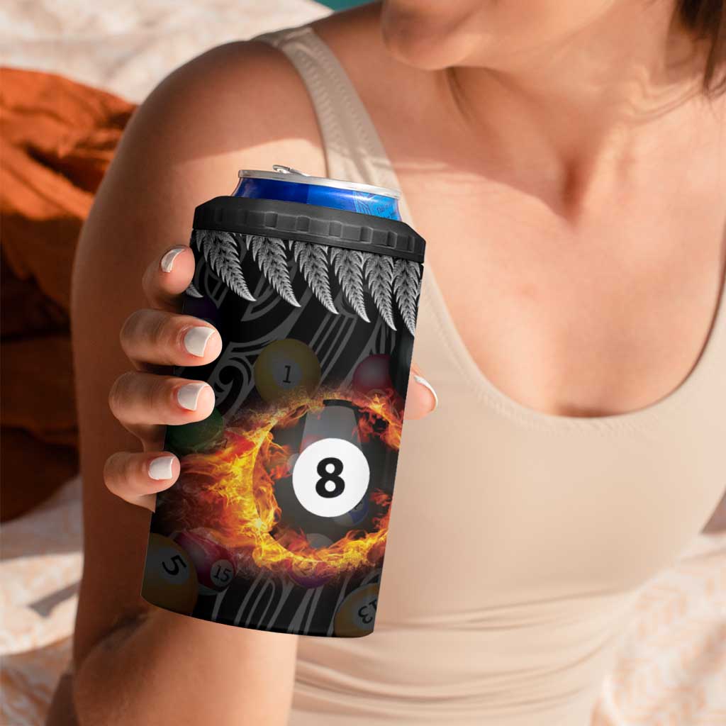 Personalised New Zealand Billiards 4 in 1 Can Cooler Tumbler Maori Fern On Fire 8 Ball - Aussie Hoodie