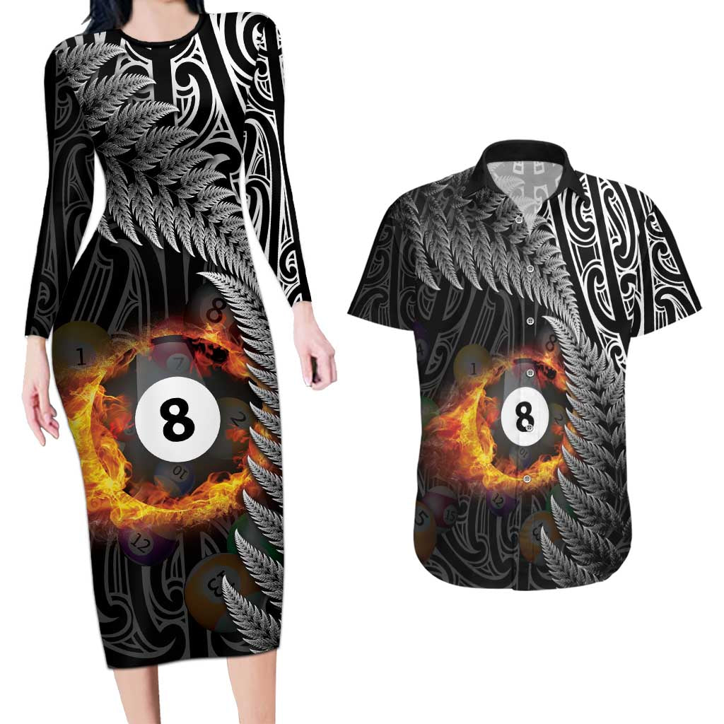 Personalised New Zealand Billiards Couples Matching Long Sleeve Bodycon Dress and Hawaiian Shirt Maori Fern On Fire 8 Ball - Aussie Hoodie