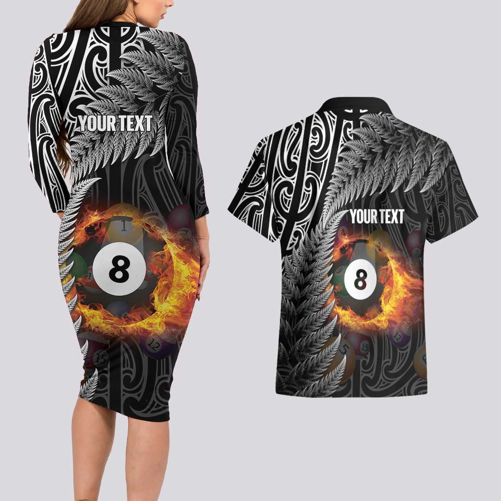 Personalised New Zealand Billiards Couples Matching Long Sleeve Bodycon Dress and Hawaiian Shirt Maori Fern On Fire 8 Ball - Aussie Hoodie