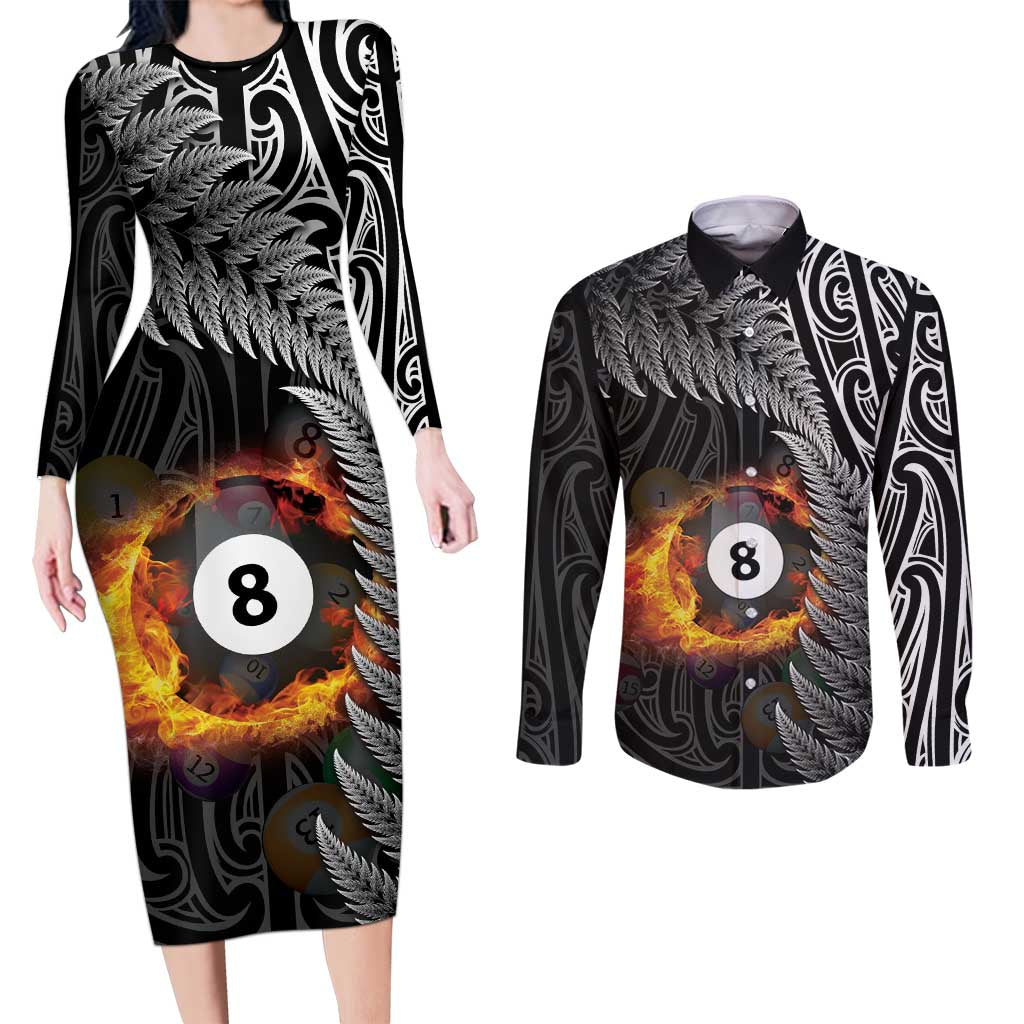 Personalised New Zealand Billiards Couples Matching Long Sleeve Bodycon Dress and Long Sleeve Button Shirt Maori Fern On Fire 8 Ball - Aussie Hoodie