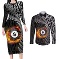 Personalised New Zealand Billiards Couples Matching Long Sleeve Bodycon Dress and Long Sleeve Button Shirt Maori Fern On Fire 8 Ball - Aussie Hoodie