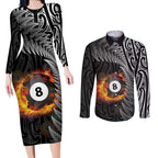 Personalised New Zealand Billiards Couples Matching Long Sleeve Bodycon Dress and Long Sleeve Button Shirt Maori Fern On Fire 8 Ball - Aussie Hoodie