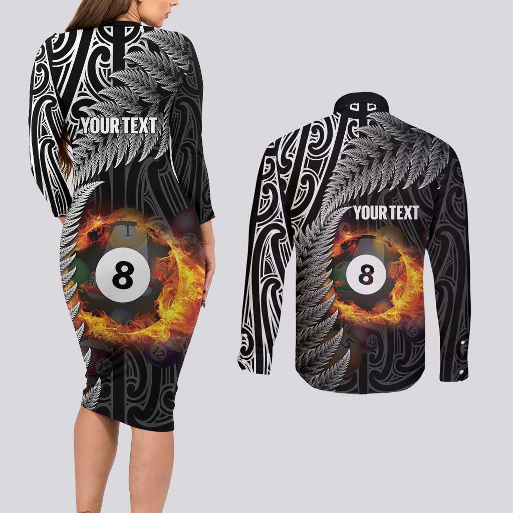 Personalised New Zealand Billiards Couples Matching Long Sleeve Bodycon Dress and Long Sleeve Button Shirt Maori Fern On Fire 8 Ball - Aussie Hoodie