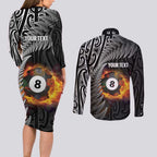 Personalised New Zealand Billiards Couples Matching Long Sleeve Bodycon Dress and Long Sleeve Button Shirt Maori Fern On Fire 8 Ball - Aussie Hoodie