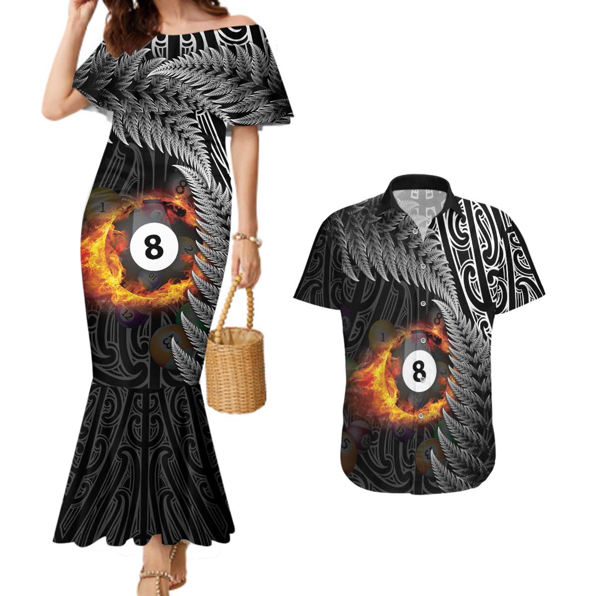 Personalised New Zealand Billiards Couples Matching Mermaid Dress and Hawaiian Shirt Maori Fern On Fire 8 Ball - Aussie Hoodie
