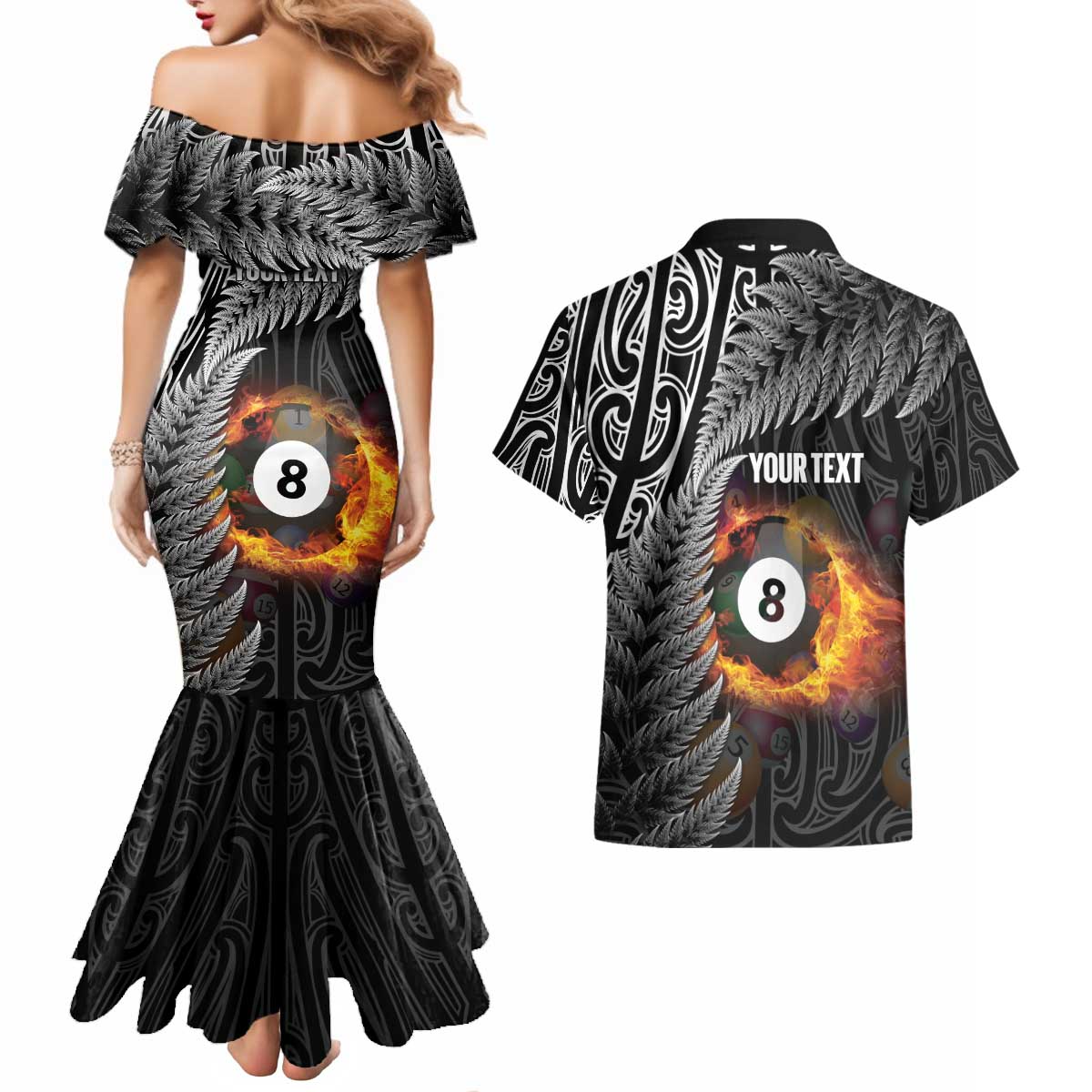 Personalised New Zealand Billiards Couples Matching Mermaid Dress and Hawaiian Shirt Maori Fern On Fire 8 Ball - Aussie Hoodie