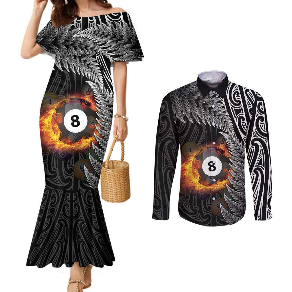 Personalised New Zealand Billiards Couples Matching Mermaid Dress and Long Sleeve Button Shirt Maori Fern On Fire 8 Ball - Aussie Hoodie