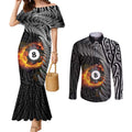 Personalised New Zealand Billiards Couples Matching Mermaid Dress and Long Sleeve Button Shirt Maori Fern On Fire 8 Ball - Aussie Hoodie