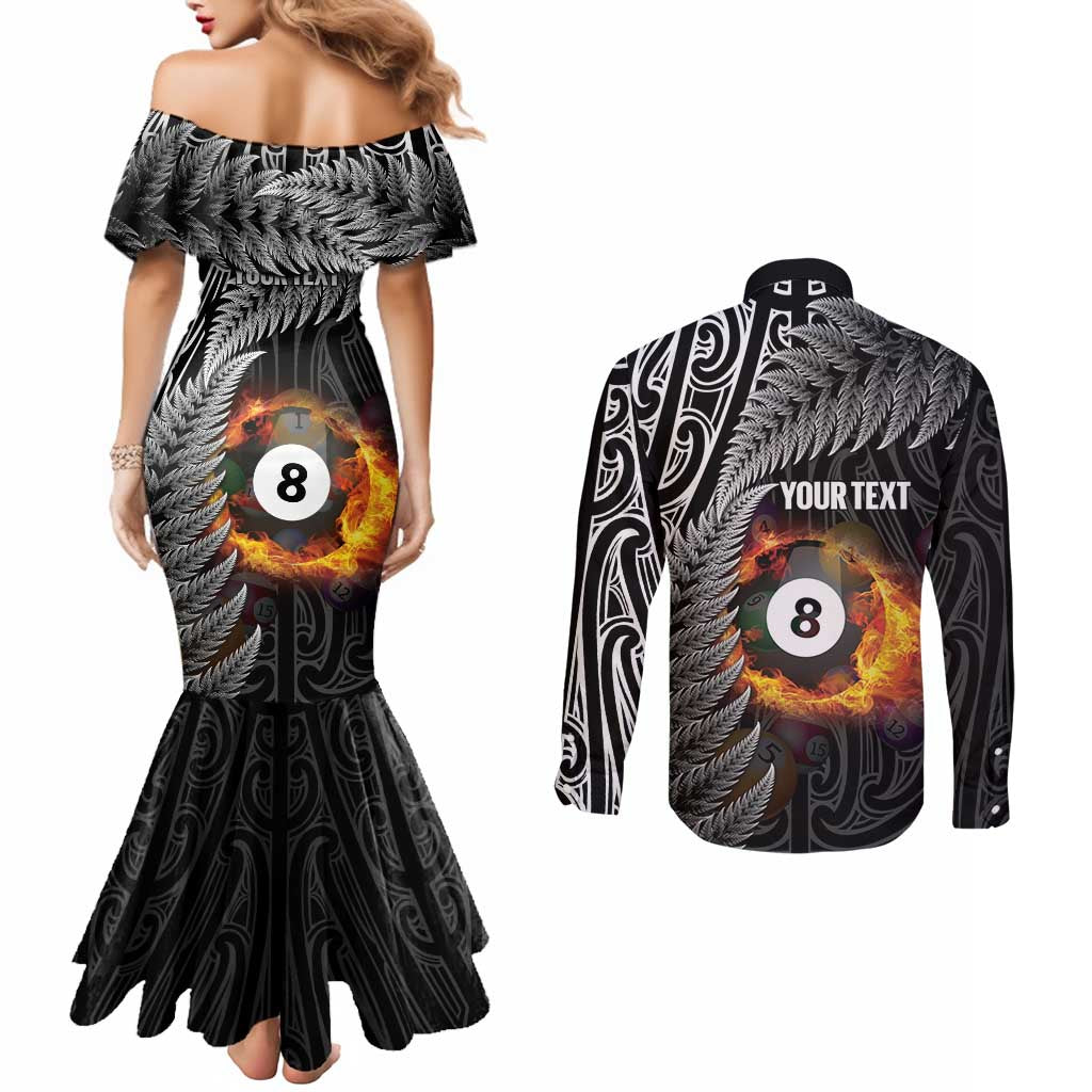 Personalised New Zealand Billiards Couples Matching Mermaid Dress and Long Sleeve Button Shirt Maori Fern On Fire 8 Ball - Aussie Hoodie
