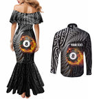 Personalised New Zealand Billiards Couples Matching Mermaid Dress and Long Sleeve Button Shirt Maori Fern On Fire 8 Ball - Aussie Hoodie