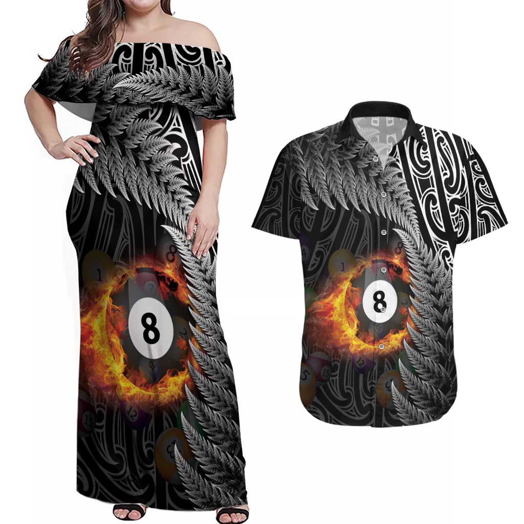 Personalised New Zealand Billiards Couples Matching Off Shoulder Maxi Dress and Hawaiian Shirt Maori Fern On Fire 8 Ball - Aussie Hoodie