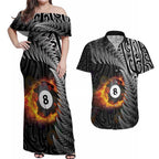 Personalised New Zealand Billiards Couples Matching Off Shoulder Maxi Dress and Hawaiian Shirt Maori Fern On Fire 8 Ball - Aussie Hoodie