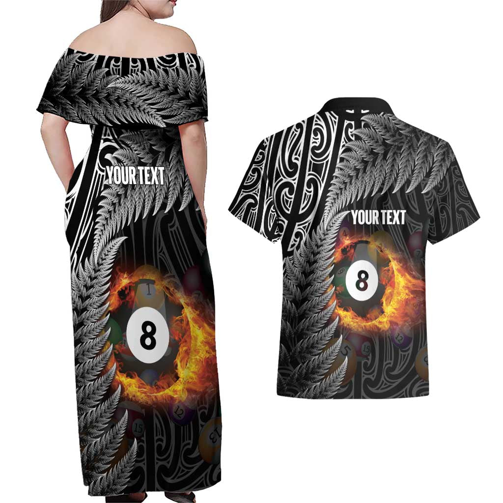 Personalised New Zealand Billiards Couples Matching Off Shoulder Maxi Dress and Hawaiian Shirt Maori Fern On Fire 8 Ball - Aussie Hoodie