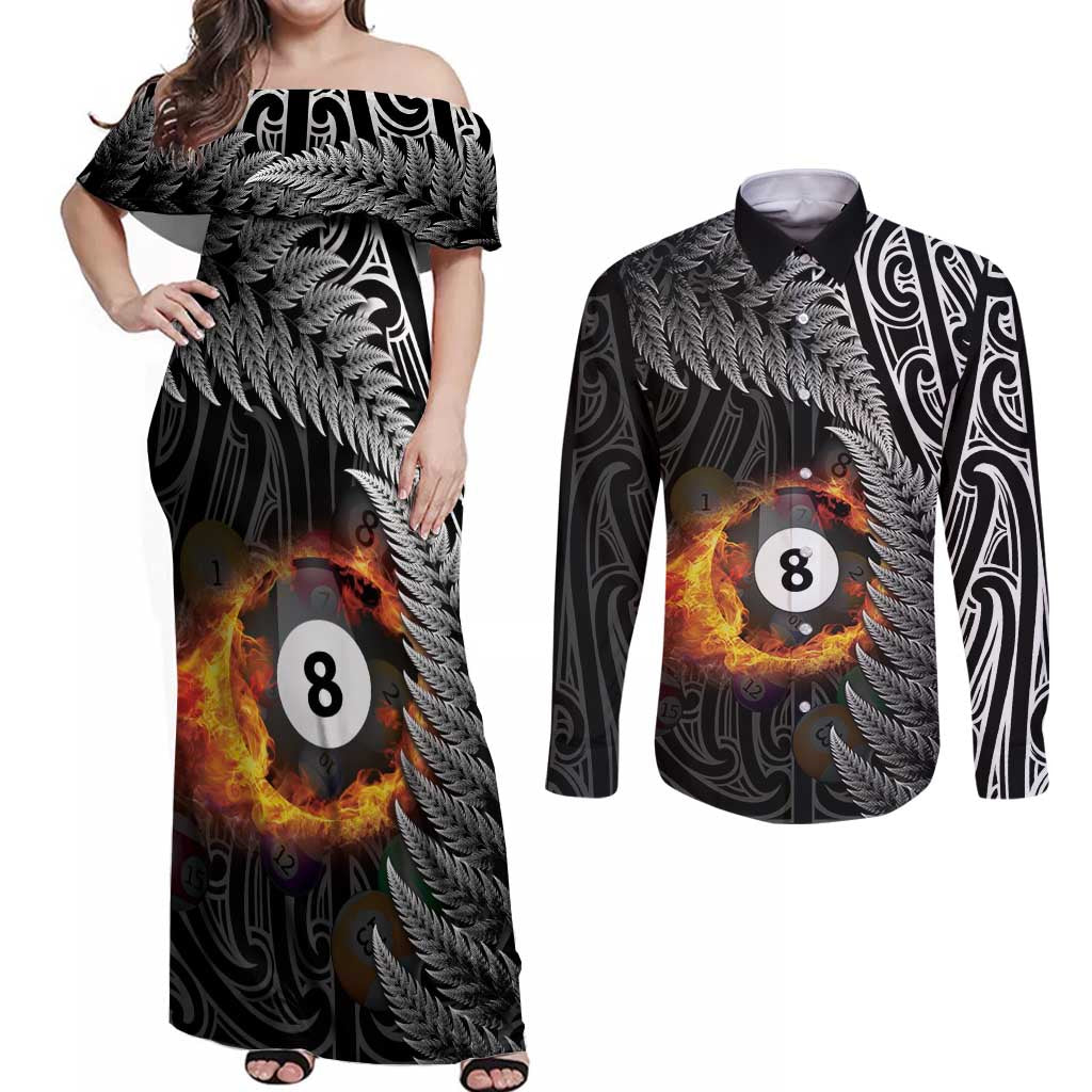 Personalised New Zealand Billiards Couples Matching Off Shoulder Maxi Dress and Long Sleeve Button Shirt Maori Fern On Fire 8 Ball - Aussie Hoodie