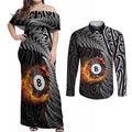 Personalised New Zealand Billiards Couples Matching Off Shoulder Maxi Dress and Long Sleeve Button Shirt Maori Fern On Fire 8 Ball - Aussie Hoodie