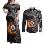 Personalised New Zealand Billiards Couples Matching Off Shoulder Maxi Dress and Long Sleeve Button Shirt Maori Fern On Fire 8 Ball - Aussie Hoodie
