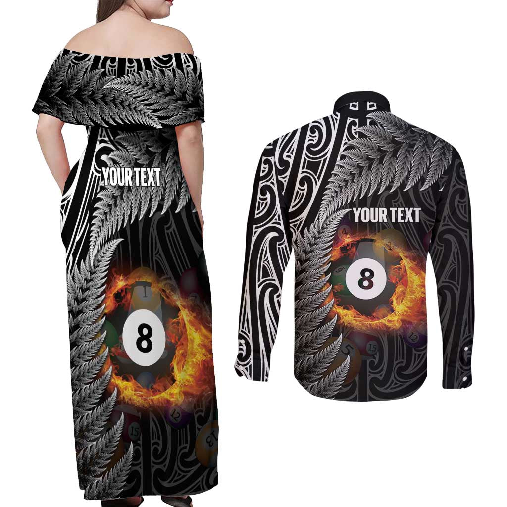 Personalised New Zealand Billiards Couples Matching Off Shoulder Maxi Dress and Long Sleeve Button Shirt Maori Fern On Fire 8 Ball - Aussie Hoodie