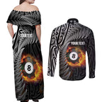 Personalised New Zealand Billiards Couples Matching Off Shoulder Maxi Dress and Long Sleeve Button Shirt Maori Fern On Fire 8 Ball - Aussie Hoodie