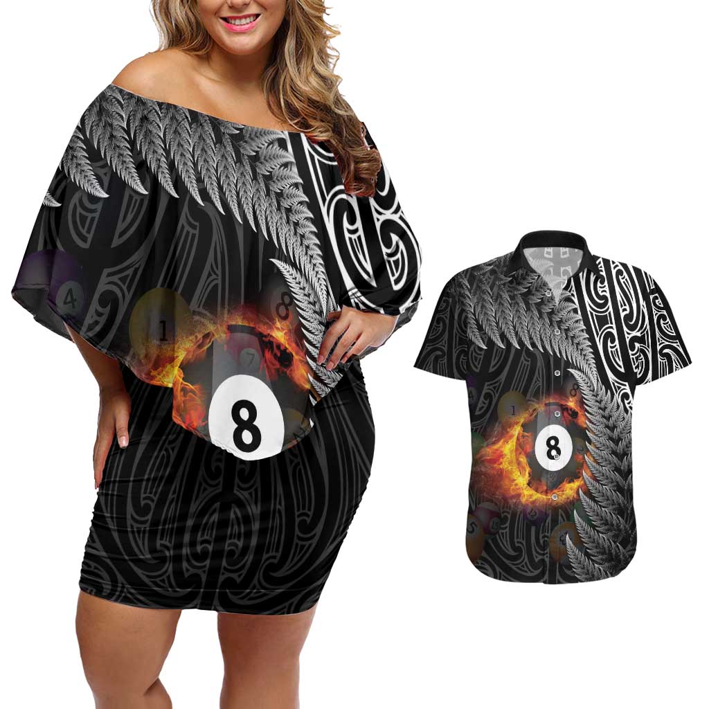 Personalised New Zealand Billiards Couples Matching Off Shoulder Short Dress and Hawaiian Shirt Maori Fern On Fire 8 Ball - Aussie Hoodie
