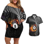 Personalised New Zealand Billiards Couples Matching Off Shoulder Short Dress and Hawaiian Shirt Maori Fern On Fire 8 Ball - Aussie Hoodie