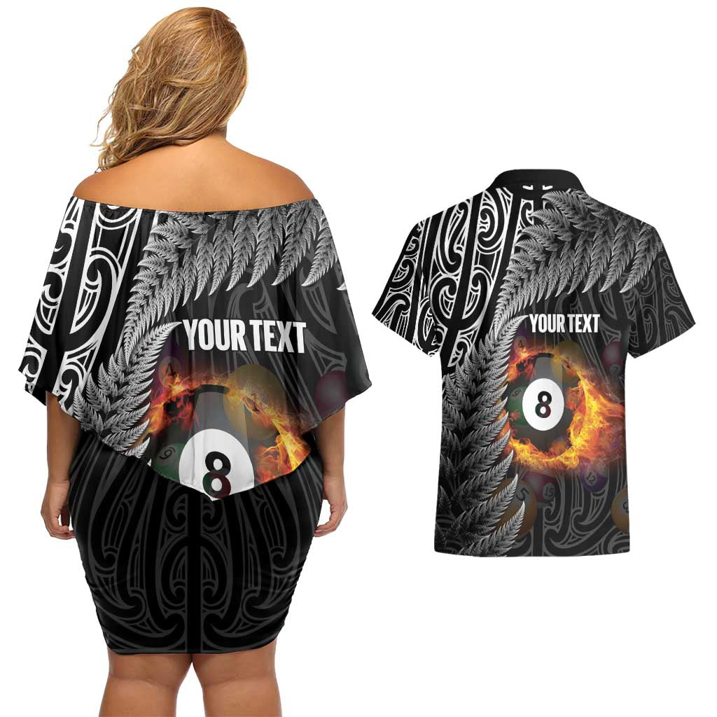 Personalised New Zealand Billiards Couples Matching Off Shoulder Short Dress and Hawaiian Shirt Maori Fern On Fire 8 Ball - Aussie Hoodie