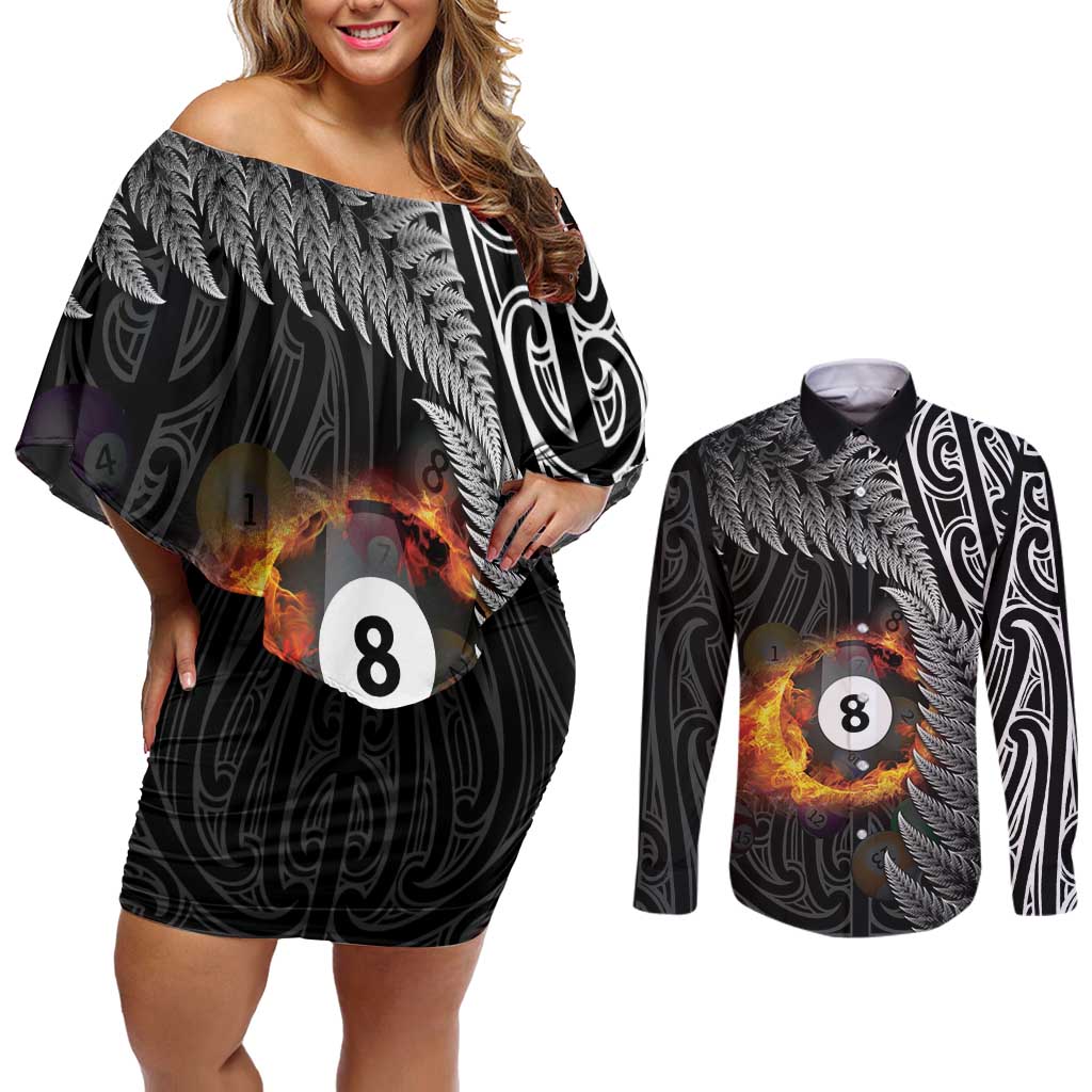 Personalised New Zealand Billiards Couples Matching Off Shoulder Short Dress and Long Sleeve Button Shirt Maori Fern On Fire 8 Ball - Aussie Hoodie