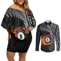 Personalised New Zealand Billiards Couples Matching Off Shoulder Short Dress and Long Sleeve Button Shirt Maori Fern On Fire 8 Ball - Aussie Hoodie