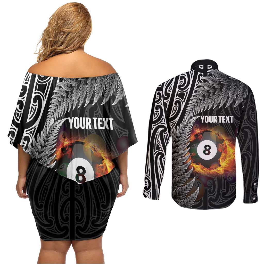 Personalised New Zealand Billiards Couples Matching Off Shoulder Short Dress and Long Sleeve Button Shirt Maori Fern On Fire 8 Ball - Aussie Hoodie